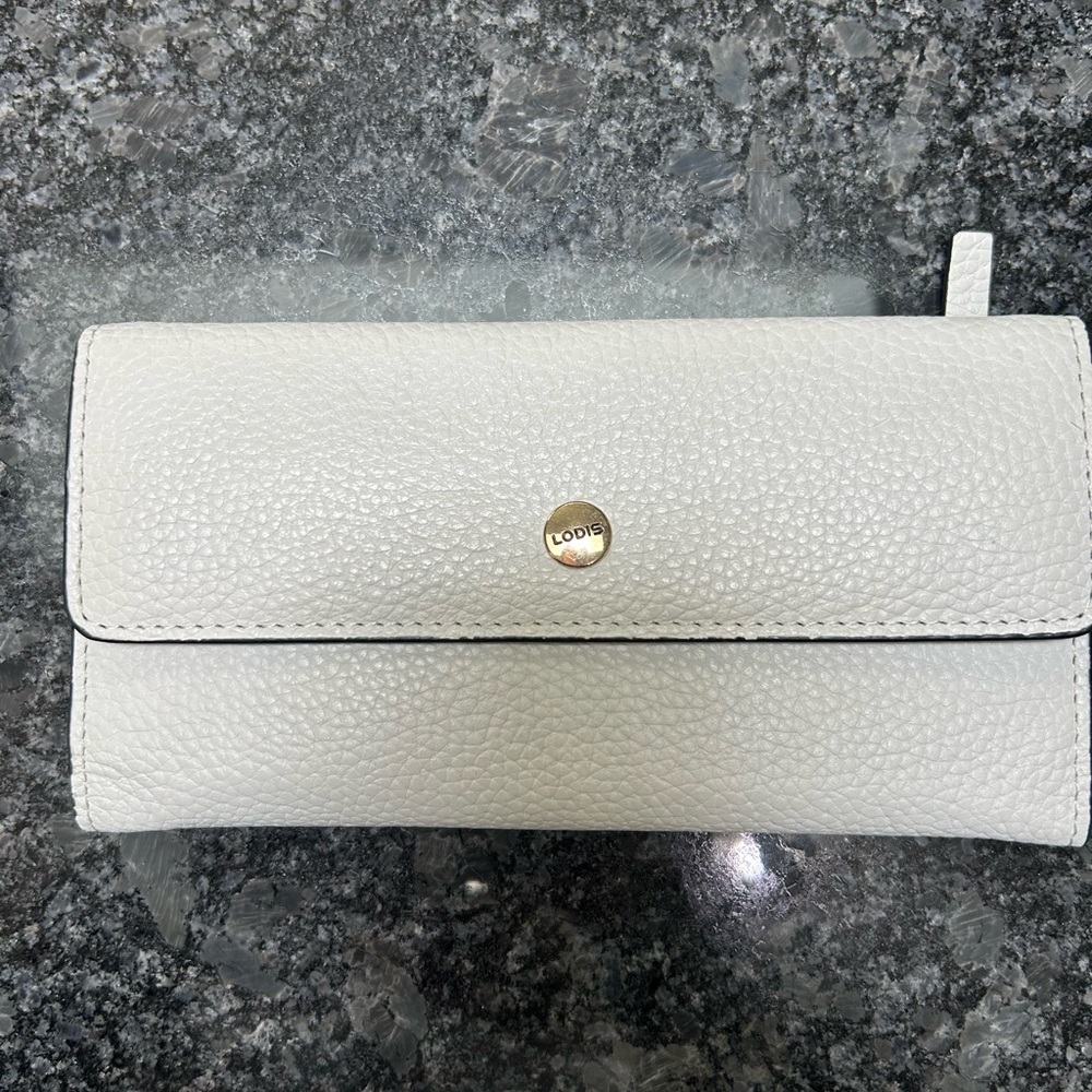 Lodis Pebbled Leather Continental Wallet - White with gold accents and zipper